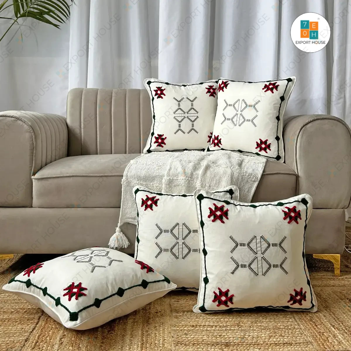 Export House Premium Cotton Embroidered Cushion Cover - Size:40cm X 40cm (16" X 16")