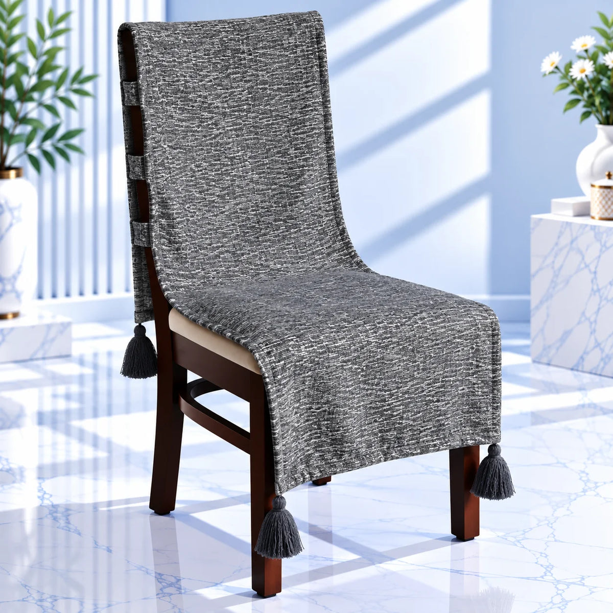 Charcoal Grey Flecked Weave Chair Cover with Tassels