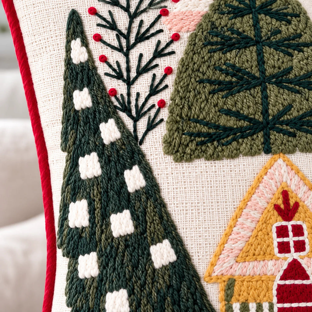 Winter Village Christmas Embroidered Cotton Cushion Cover â€“ 16 Ã— 16 Inches