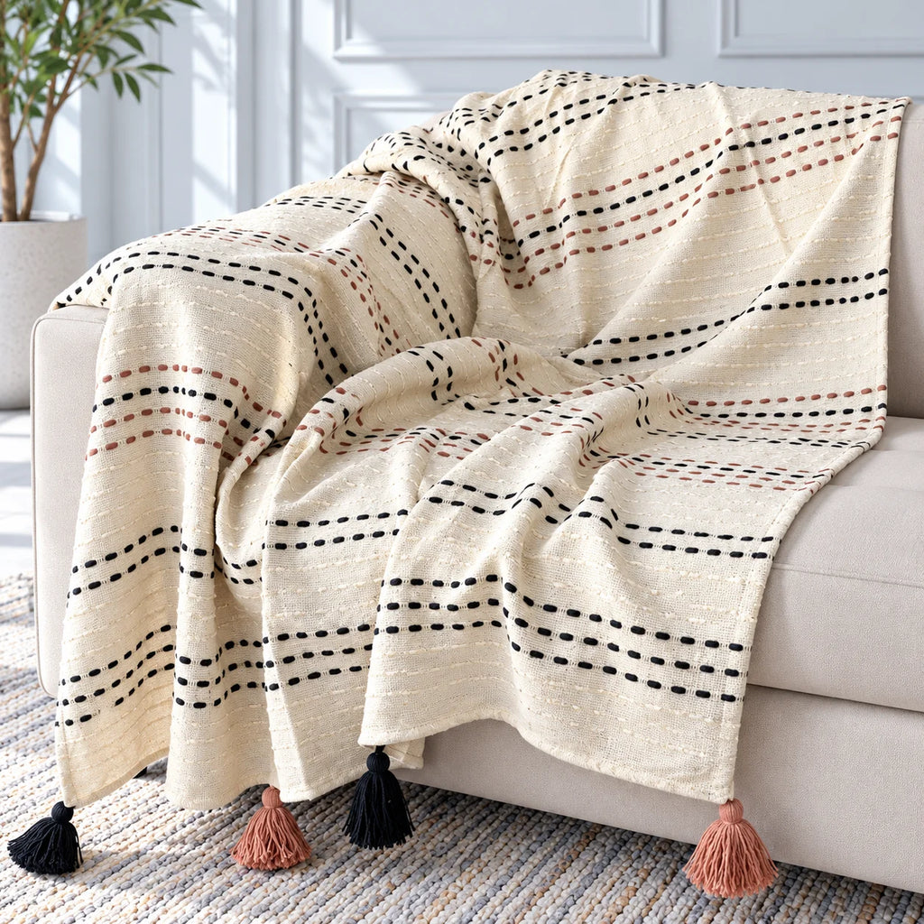 Ivory Dotted Stripe Cotton Sofa Throw â€“ 60Ã—50 Inch
