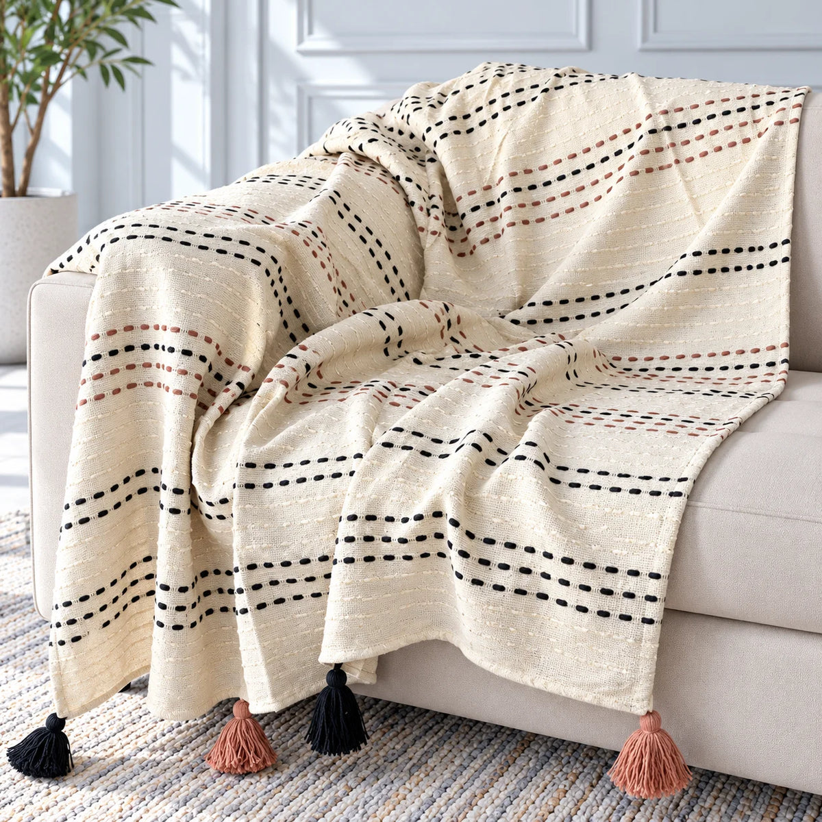 Ivory Dotted Stripe Cotton Sofa Throw â€“ 60Ã—50 Inch