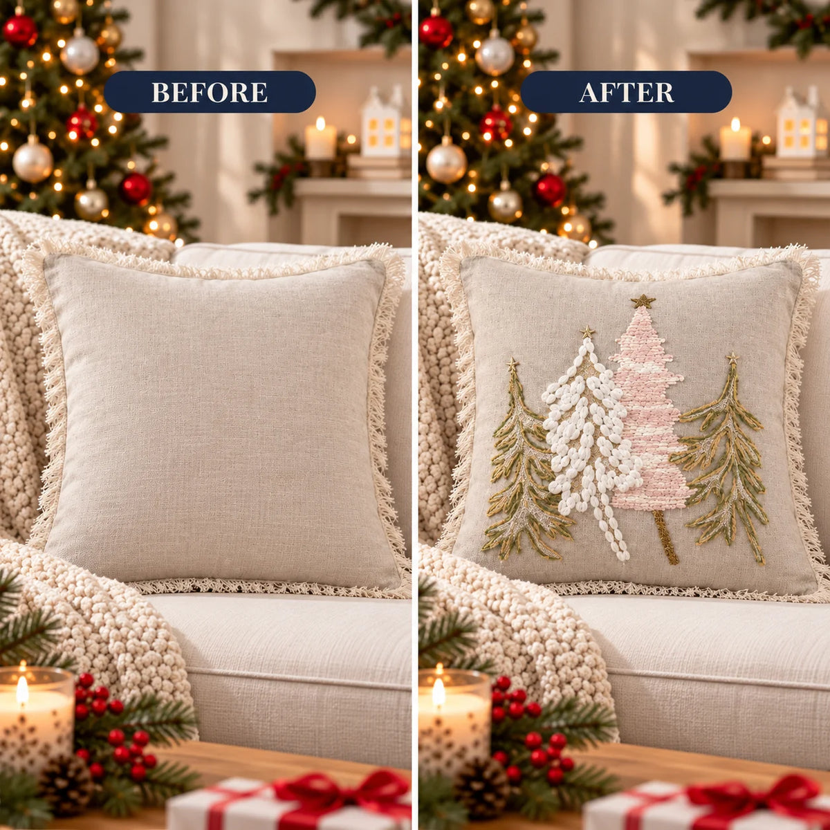 Winter Pine Christmas Tree Embroidered Cotton Cushion Cover â€“ 16 Ã— 16 Inches