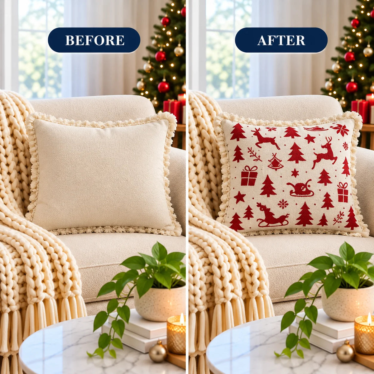 Christmas Themed Cotton Printed Cushion Cover, Size:40cm X 40cm (16" X 16")