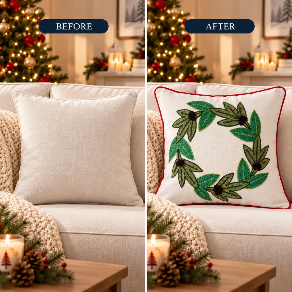 Evergreen Christmas Wreath Embroidered Cotton Cushion Cover â€“ 16 Ã— 16 Inches