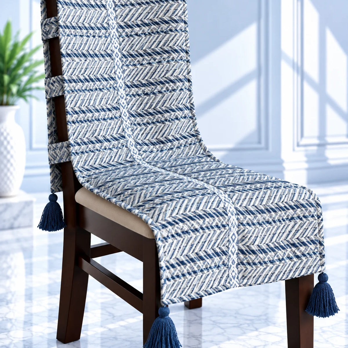 Indigo Chevron Print Chair Cover with Tassels