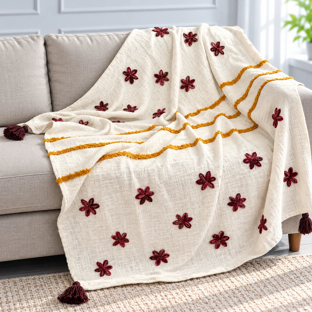 Marigold Stripe Floral AppliquÃ© Cotton Throw for Sofa