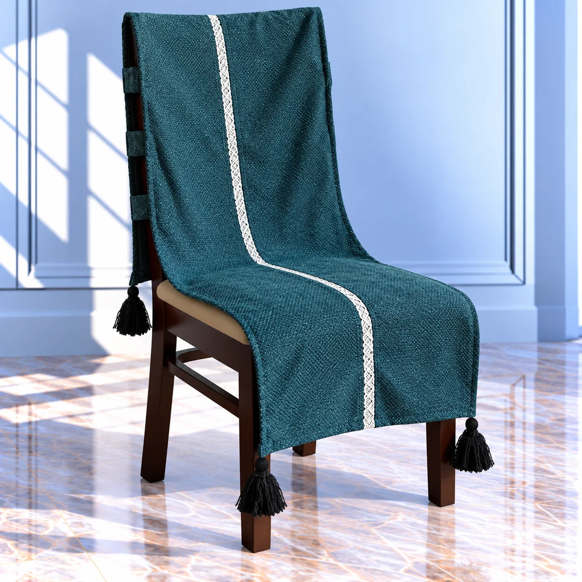 Slate Blue Grey Linen Feel Chair Cover with Tassels