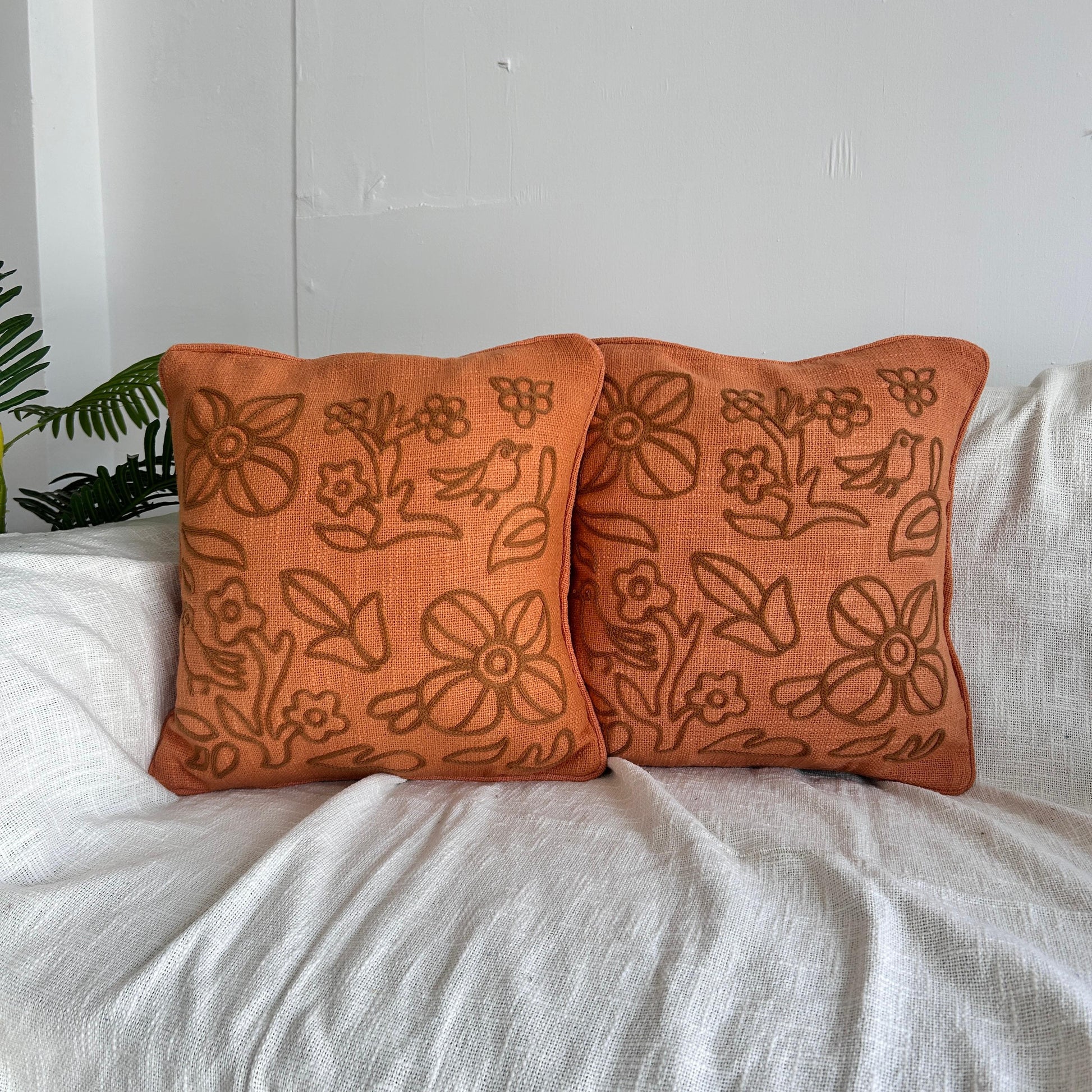 Slub-cotton Embroidered Cushion Cover, 40cm X 40cm (16" X 16")