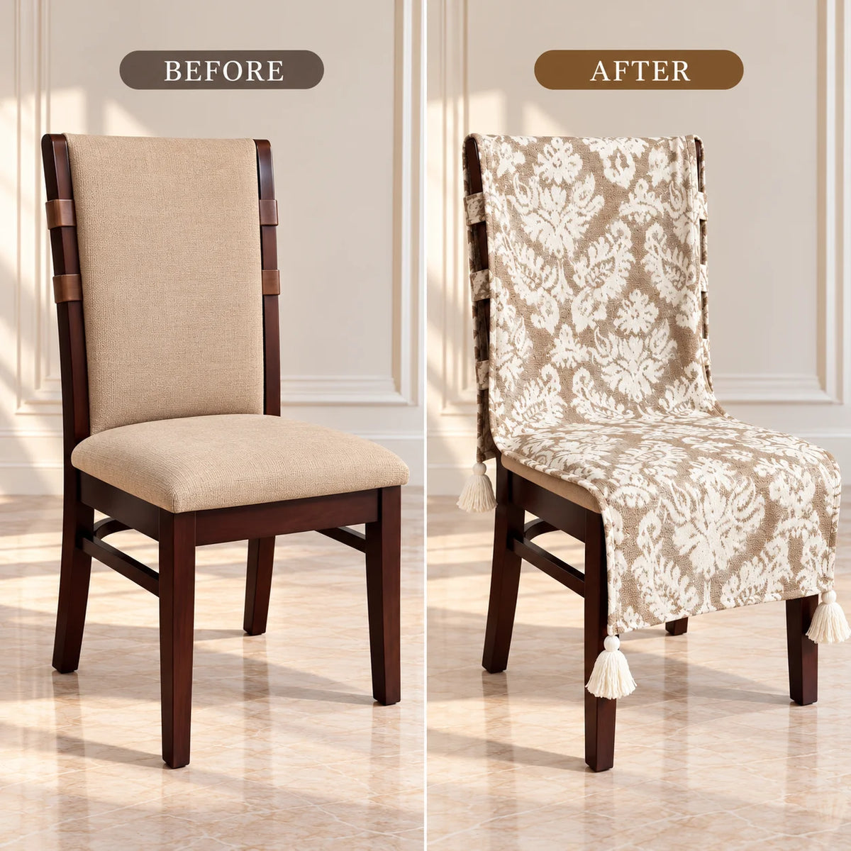 Beige Damask Jacquard Chair Cover with Tassels