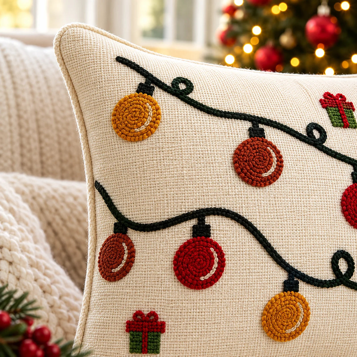 Christmas Themed Slub-Cotton Tufted Cushion Cover, Size:40cm X 40cm (16" X 16")