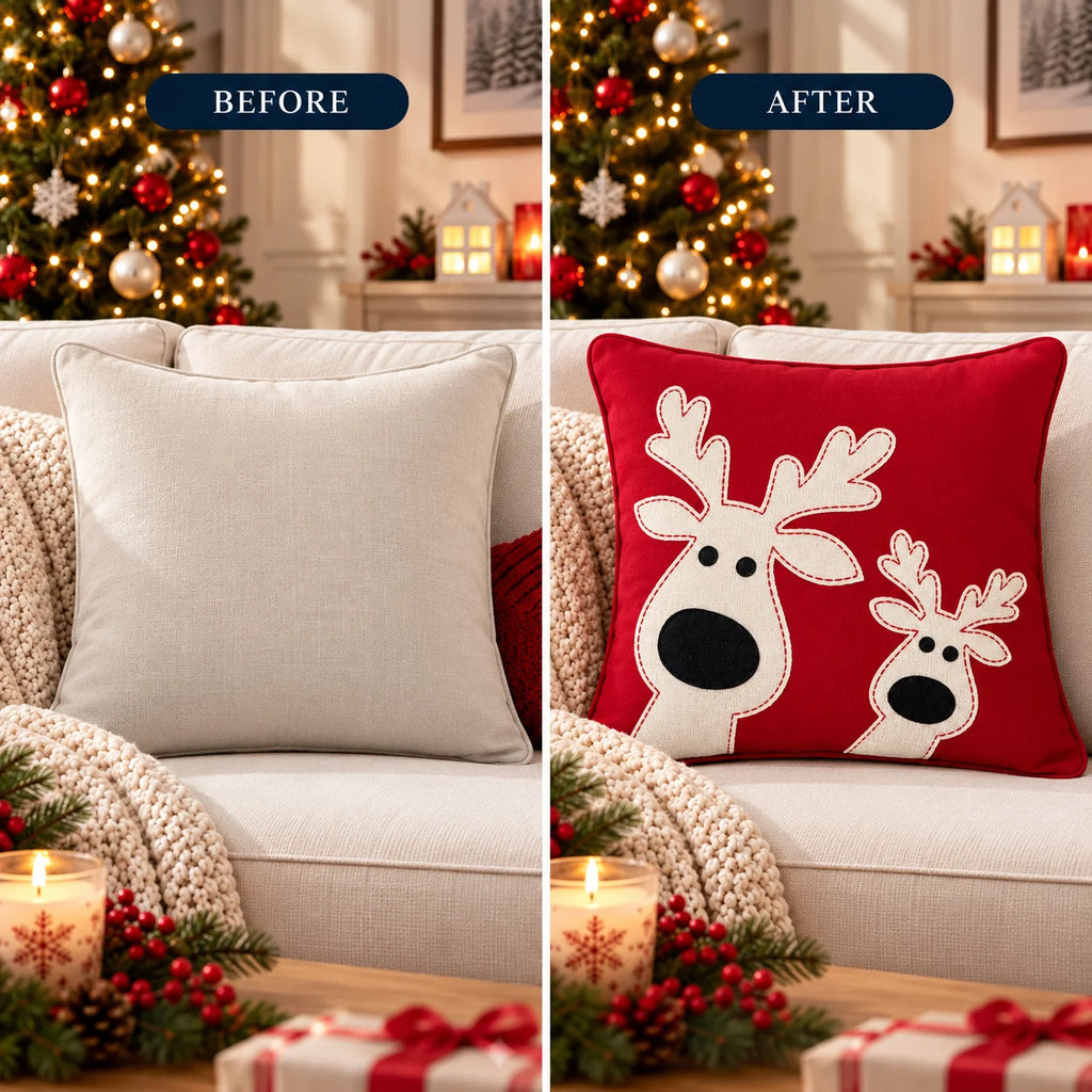Jolly Reindeer Christmas Embroidered Cotton Cushion Cover â€“ 16 Ã— 16 Inches