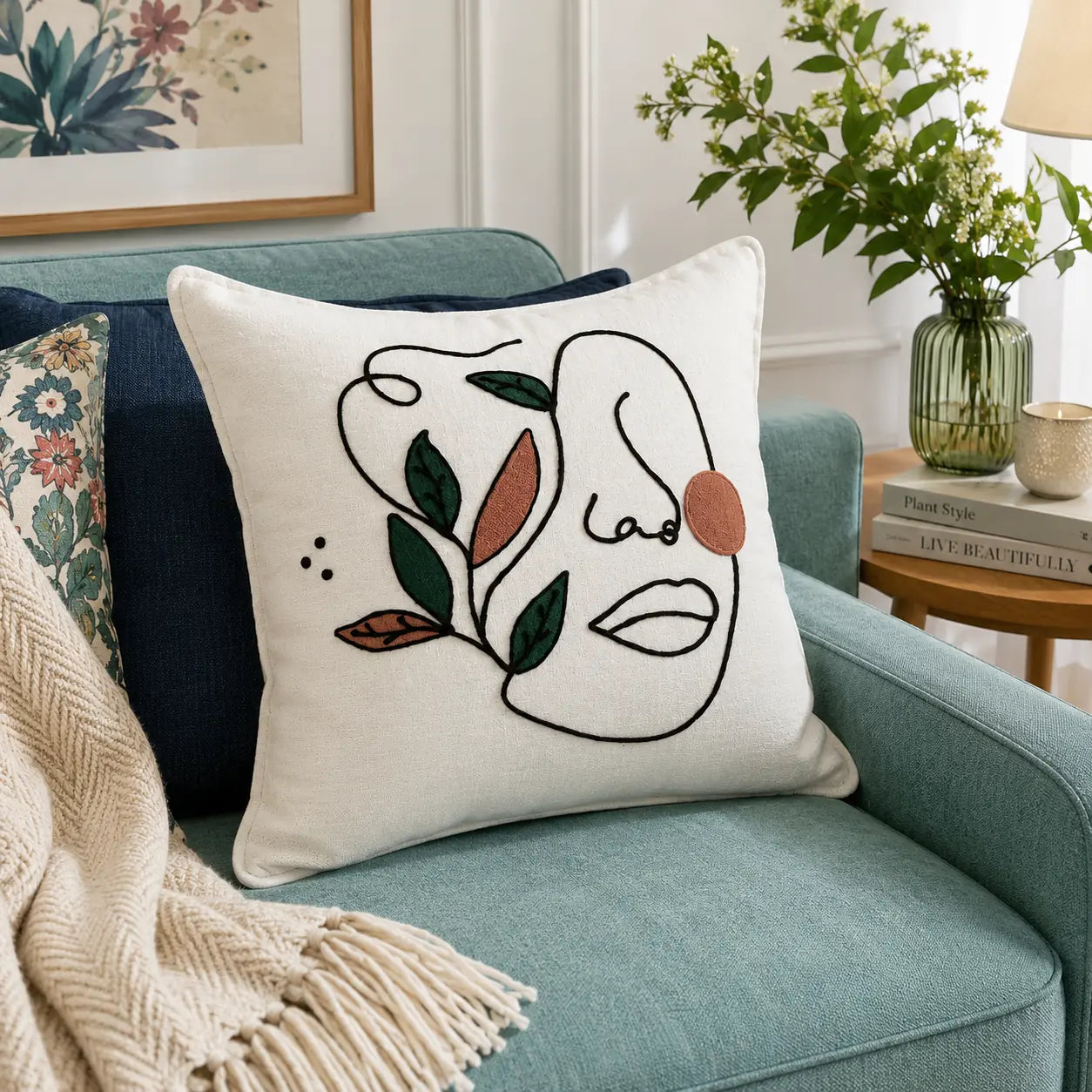 Slub-cotton Embroidered Cushion Cover, 60cm X 60cm (24" X 24")