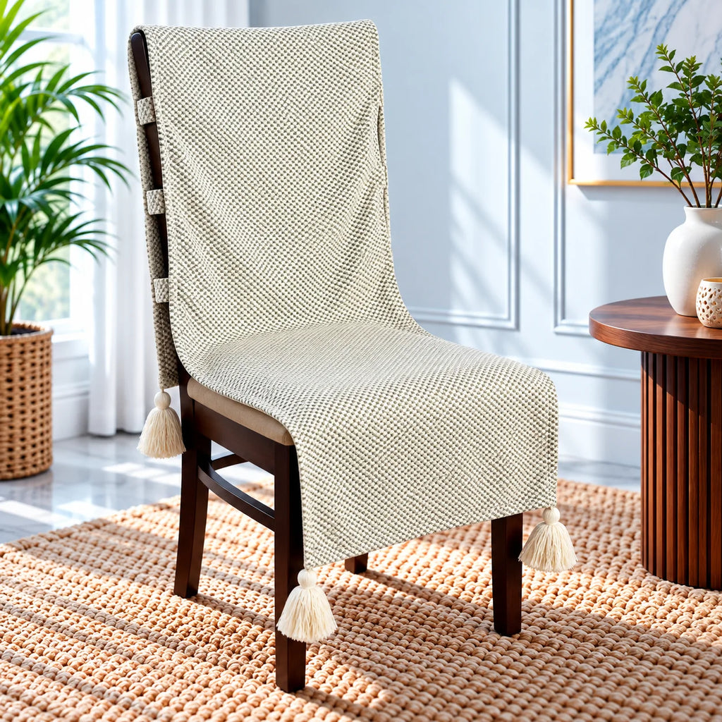 Minimal Ivory Grid Chair Cover with Tassels