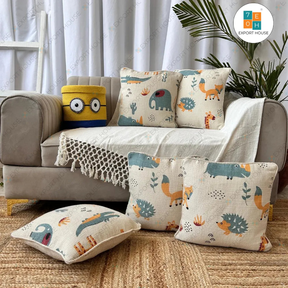 Slub-Cotton Printed Kids Room Cushion Cover, Size:40cm X 40cm (16" X 16")