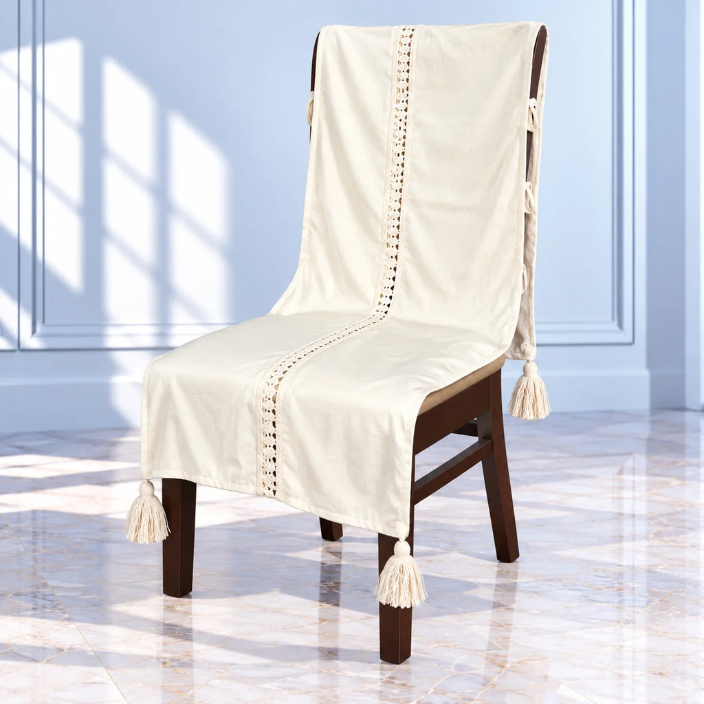 Ivory lace Jacquard Chair Cover with Tassels