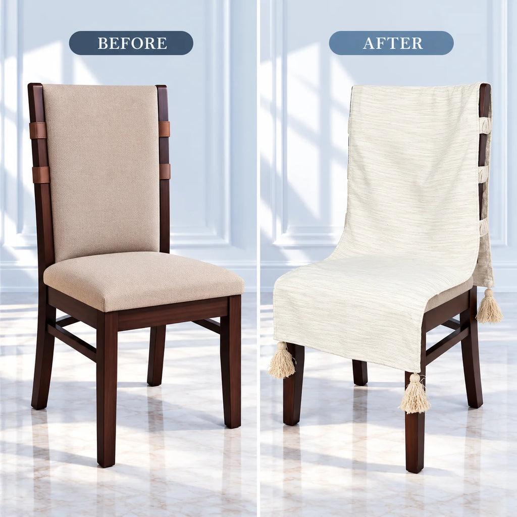 Pure Ivory Textured Chair Cover with Tassels