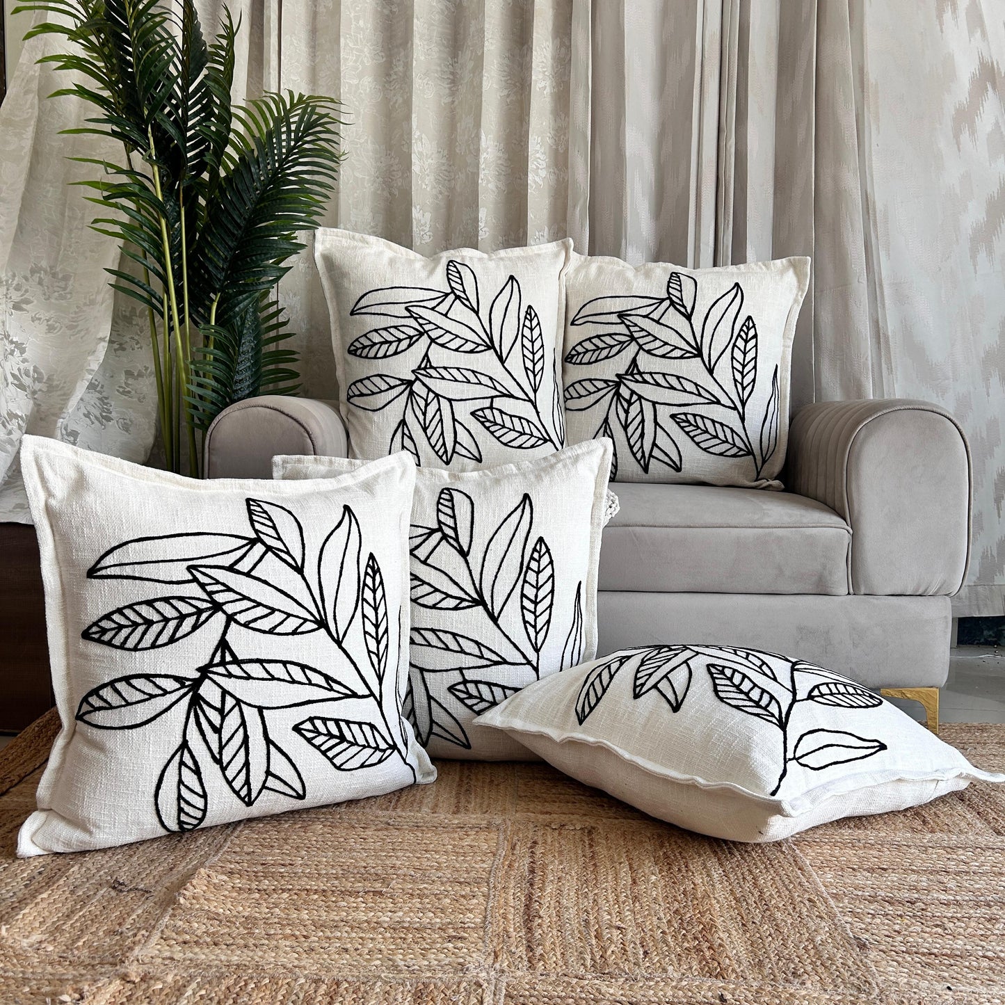 Slub-cotton Embroidered Cushion Cover, 60cm X 60cm (24" X 24")