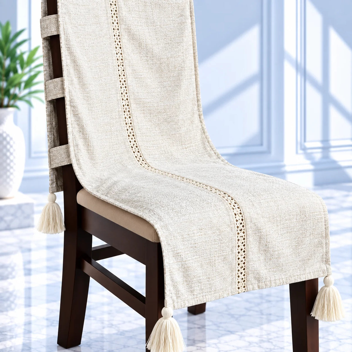 Ecru Linen Look Textured Chair Cover with Tassels