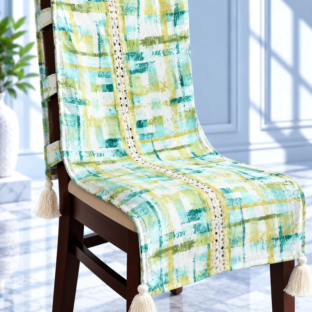 Watercolour Plaid Printed Chair Cover with Tassels