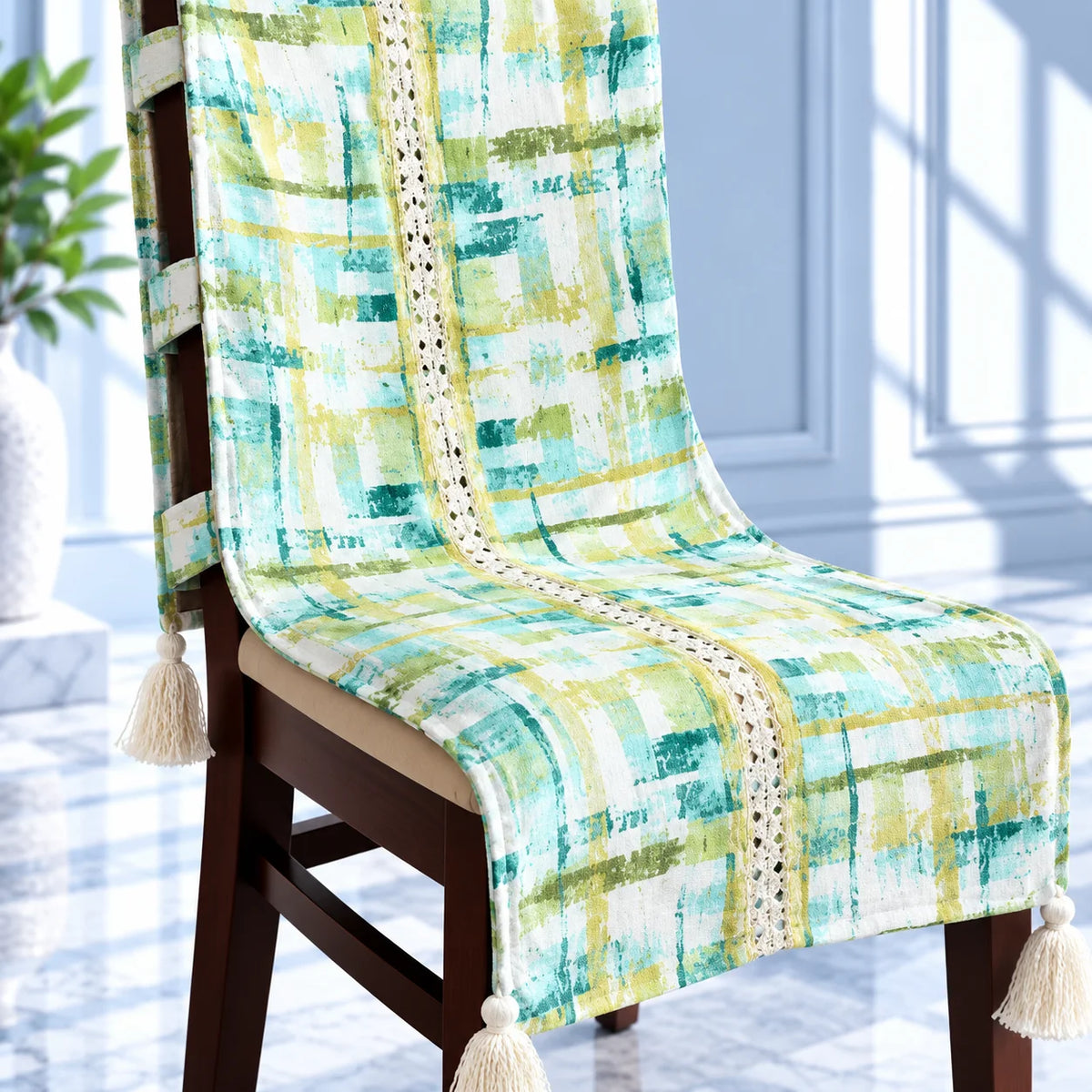 Watercolour Plaid Printed Chair Cover with Tassels