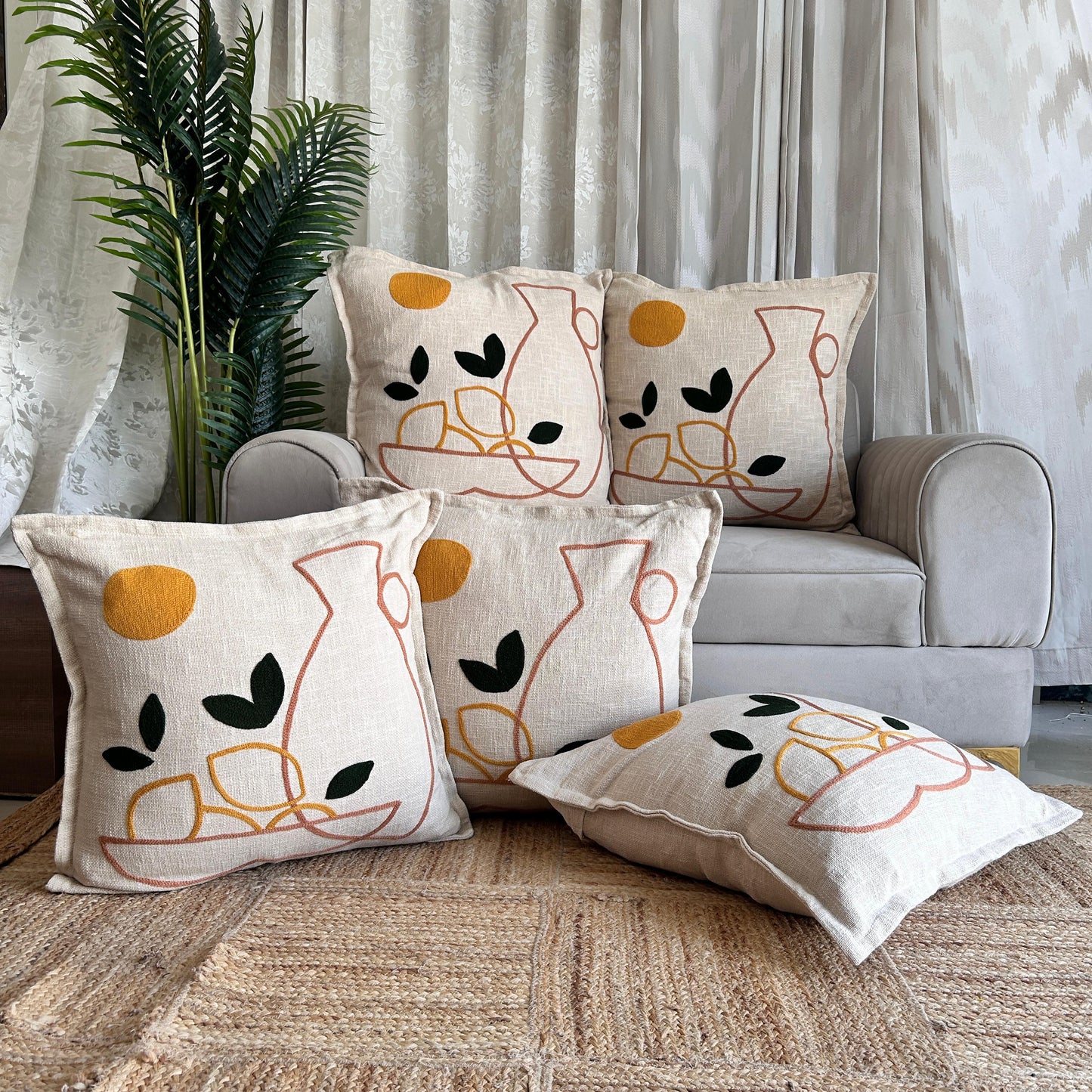 Slub-cotton Embroidered Cushion Cover, 60cm X 60cm (24" X 24")