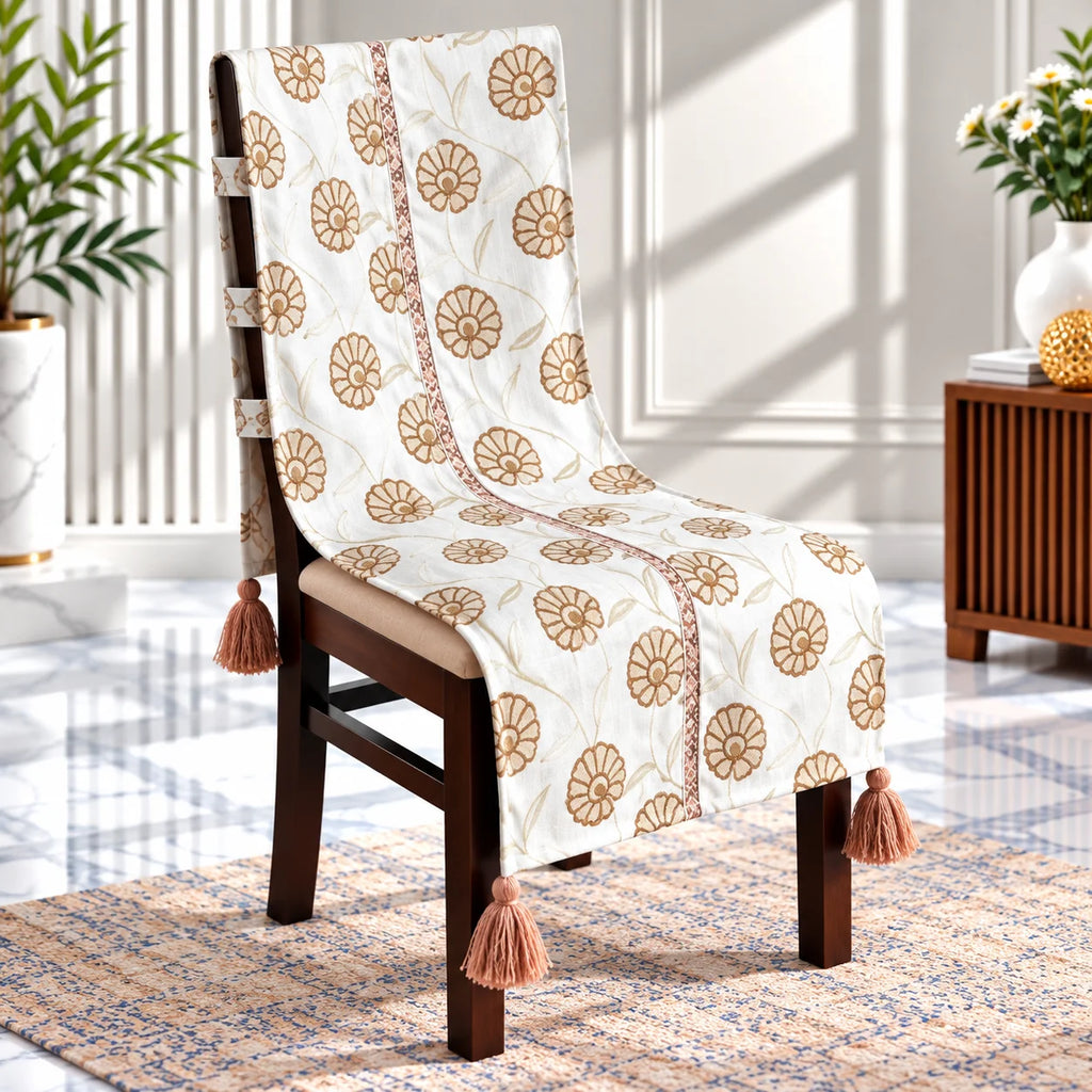 Caramel Floral Print Chair Cover with Tassels