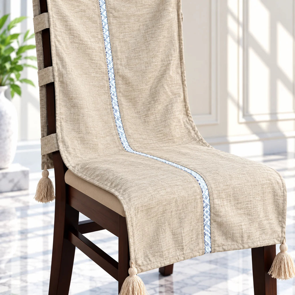 Sand Beige Linen Look Chair Cover with Tassels