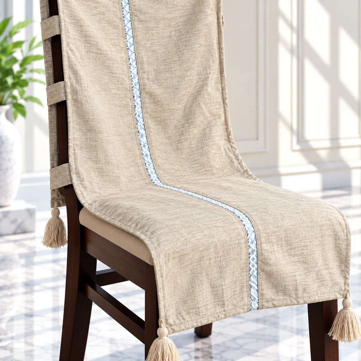 Sand Beige Linen Look Chair Cover with Tassels