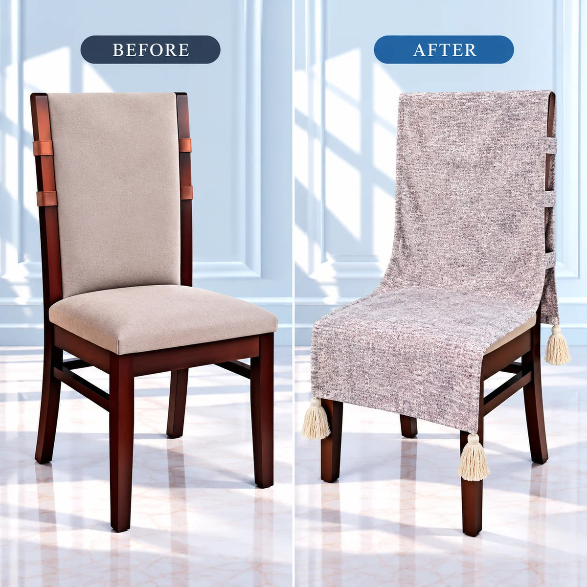 Pebble Grey Melange Chair Cover with Tassel