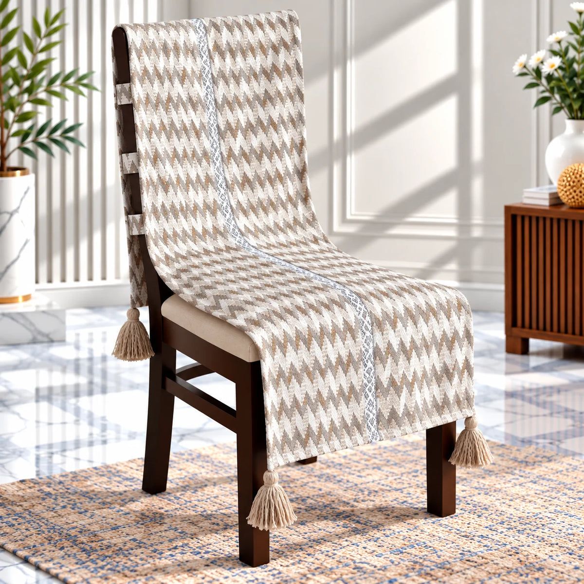 Ivory Chevron Chair Cover with Tassels