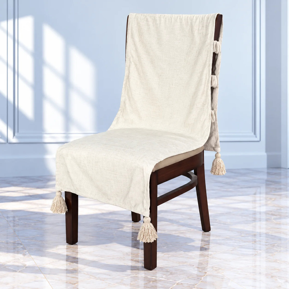 Milky White Crushed Texture Chair Cover with Tassels