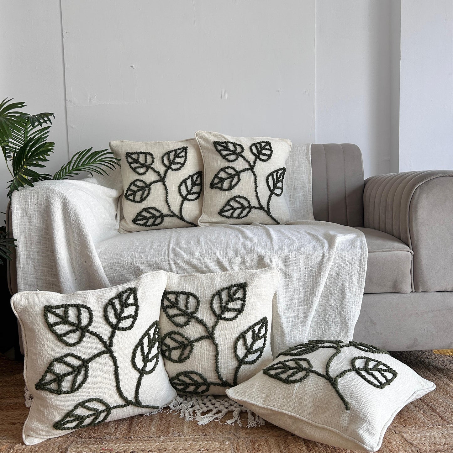 Slub-cotton Embroidered Cushion Cover, 40cm X 40cm (16" X 16")