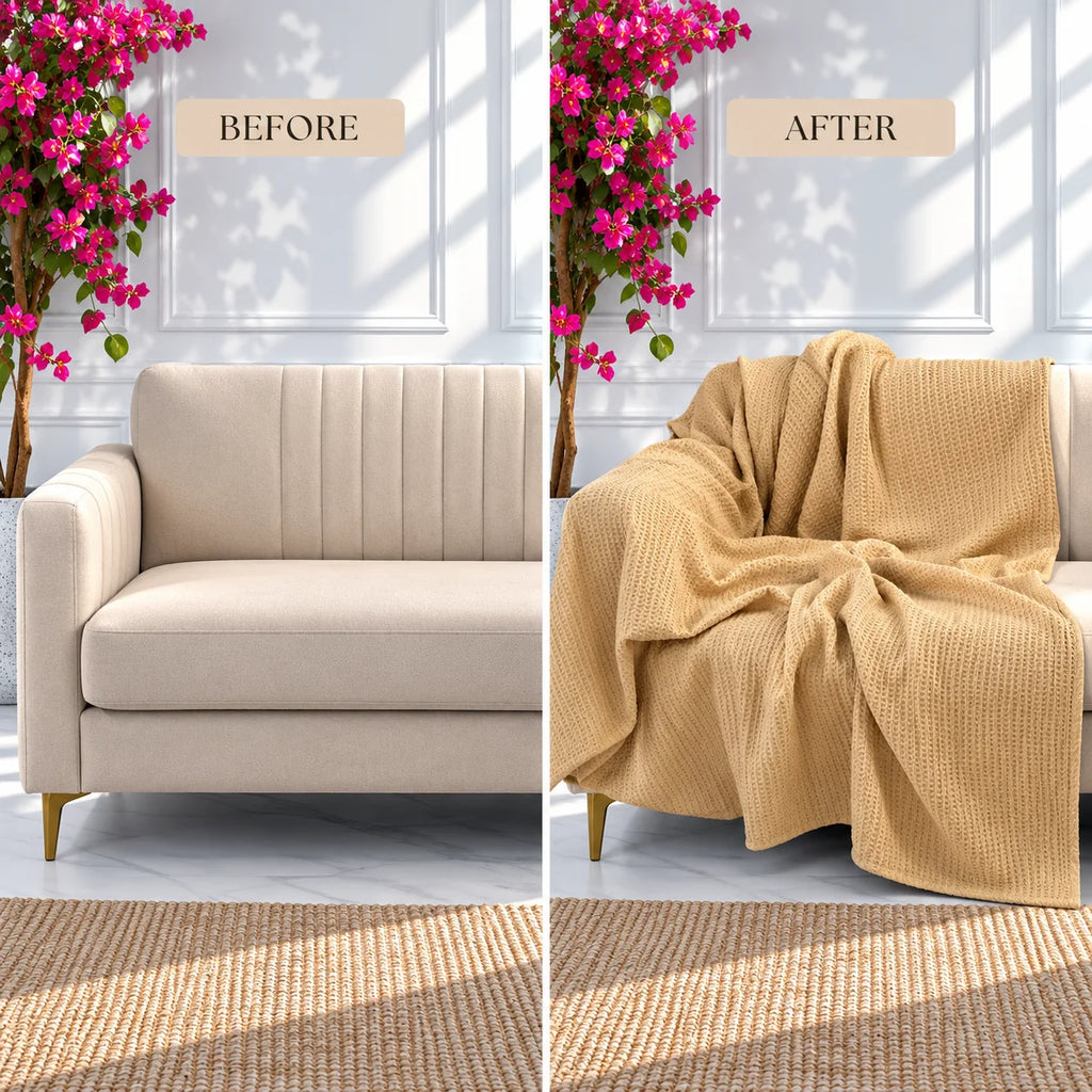 Golden Ochre Honeycomb Weave Cotton Throw Blanket