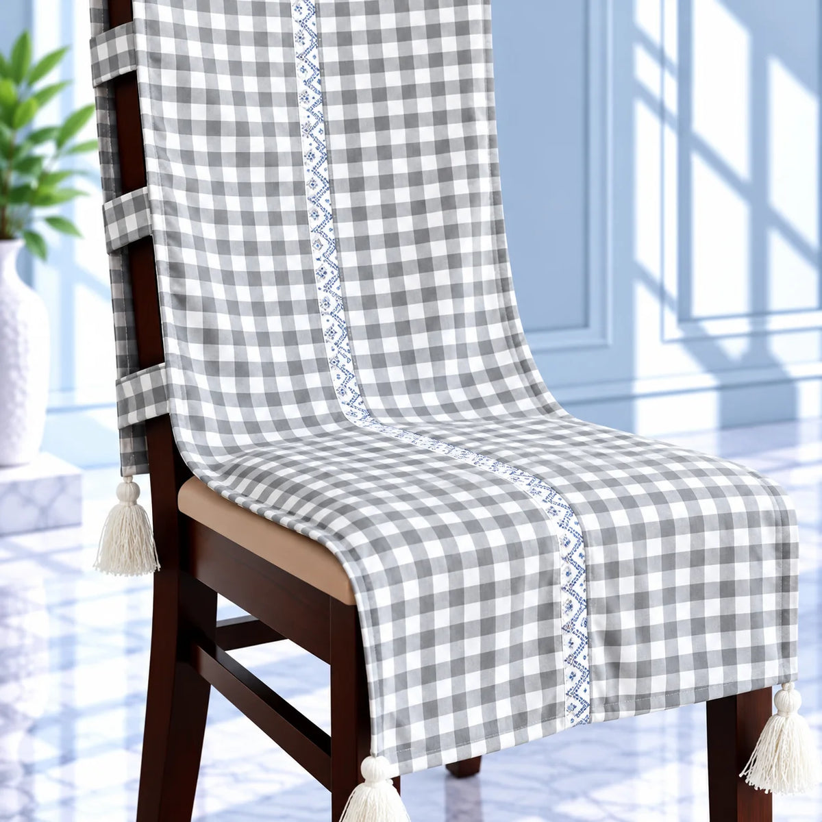 Checkered Grey White Chair Cover with Tassels