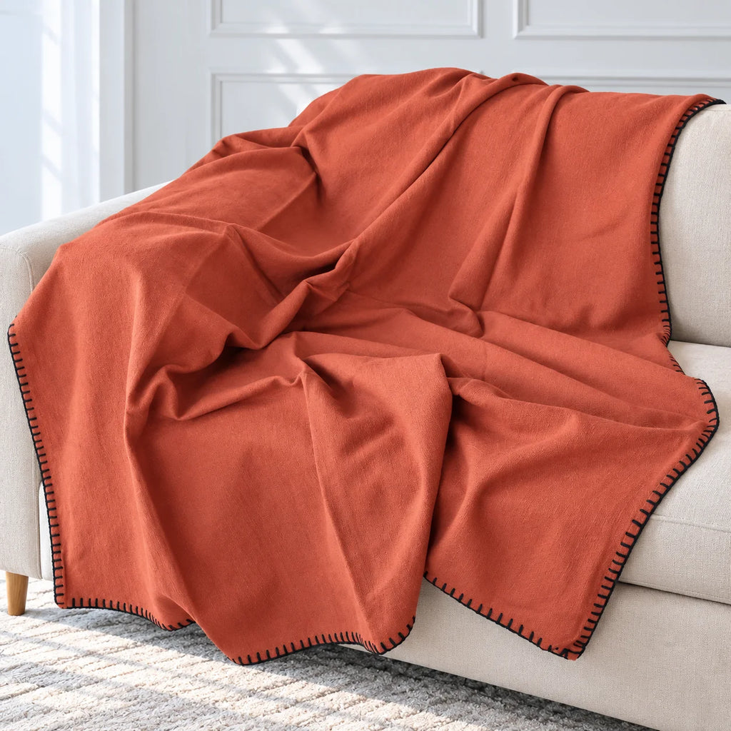 Persimmon Orange Cotton Sofa Throw Blanket with Black Blanket Stitch Border