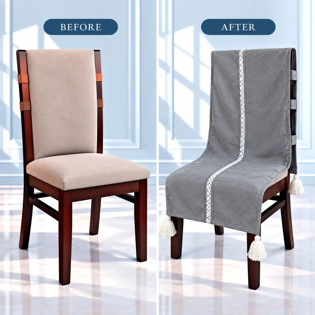 Slate Grey Linen Look Chair Cover with Tassels