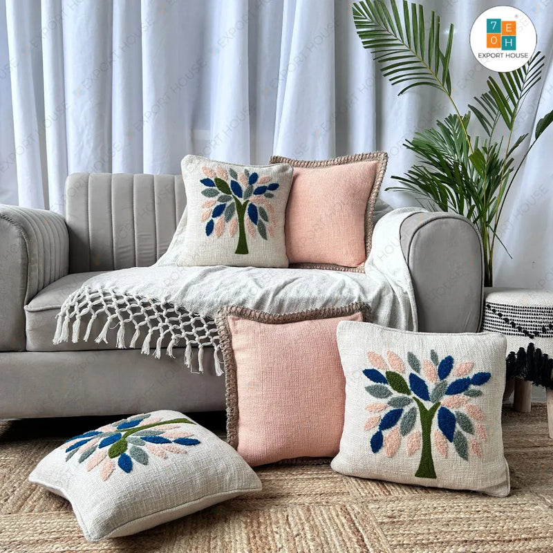 Cotton Embroidered Cushion Cover - Premium Set of 5, Size:40cm X 40cm (16" X 16")