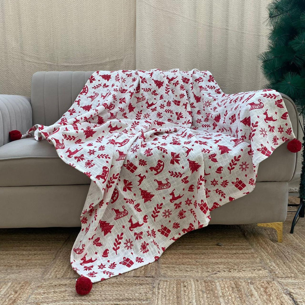 Christmas Themed Cotton Printed Sofa Throw Blanket, Size:127cm X 152cm (50" X 60")