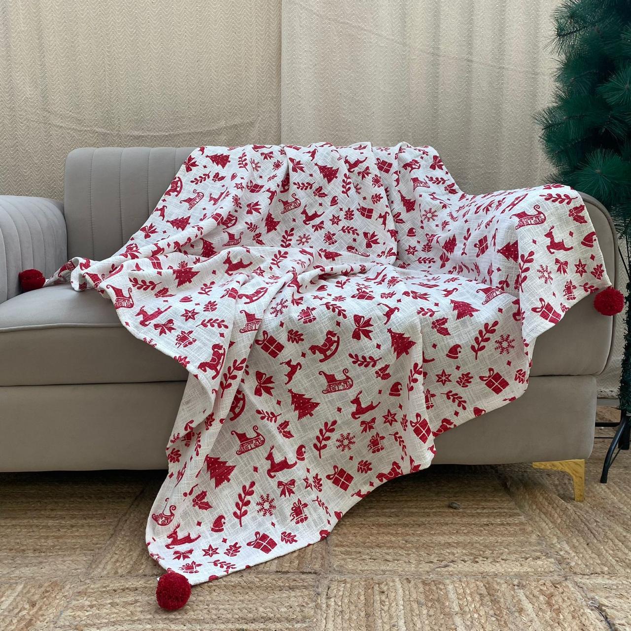 Christmas Themed Cotton Printed Sofa Throw Blanket, Size:127cm X 152cm (50" X 60")