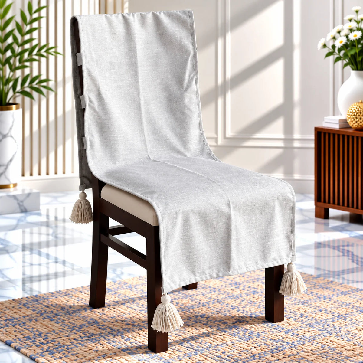 Snow Mist Slub Weave Chair Cover with Tassels