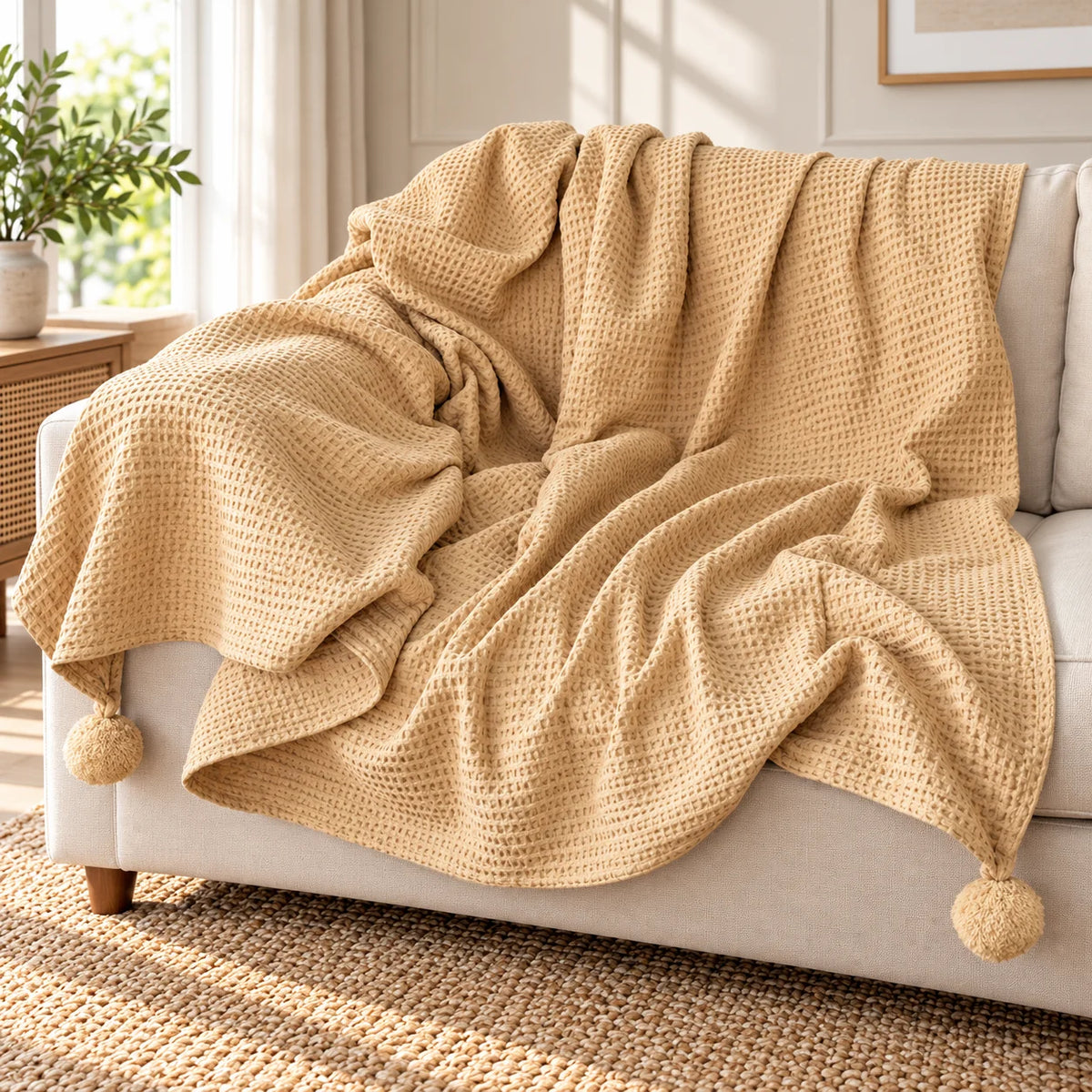 Warm Sand Gold Honeycomb Weave Throw