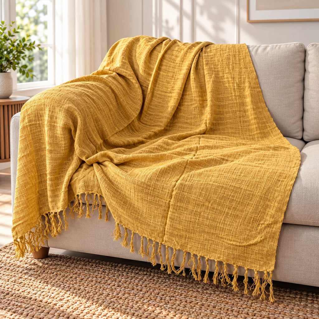 Ochre Yellow Slub Cotton Sofa Throw Blanket with Fringe Ends