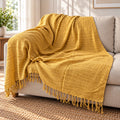 Ochre Yellow Slub Cotton Sofa Throw Blanket with Fringe Ends