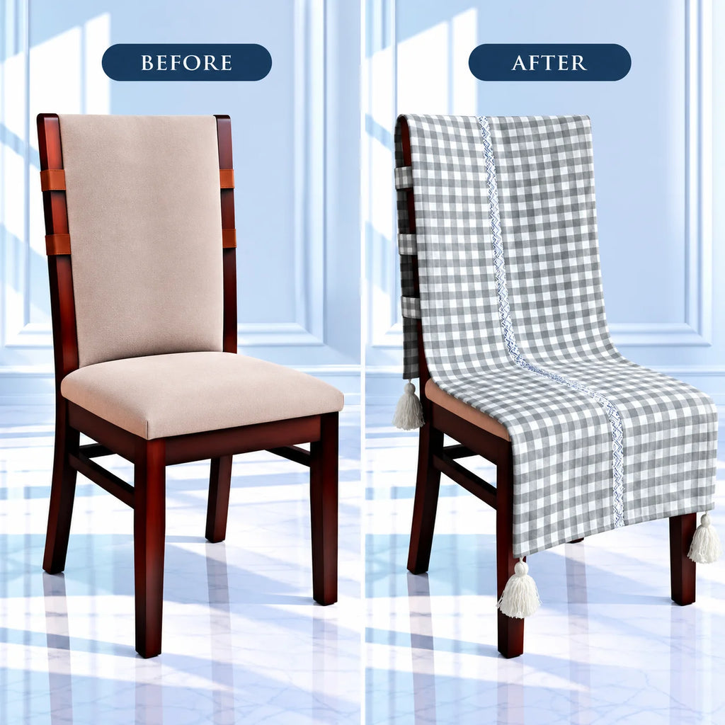 Checkered Grey White Chair Cover with Tassels
