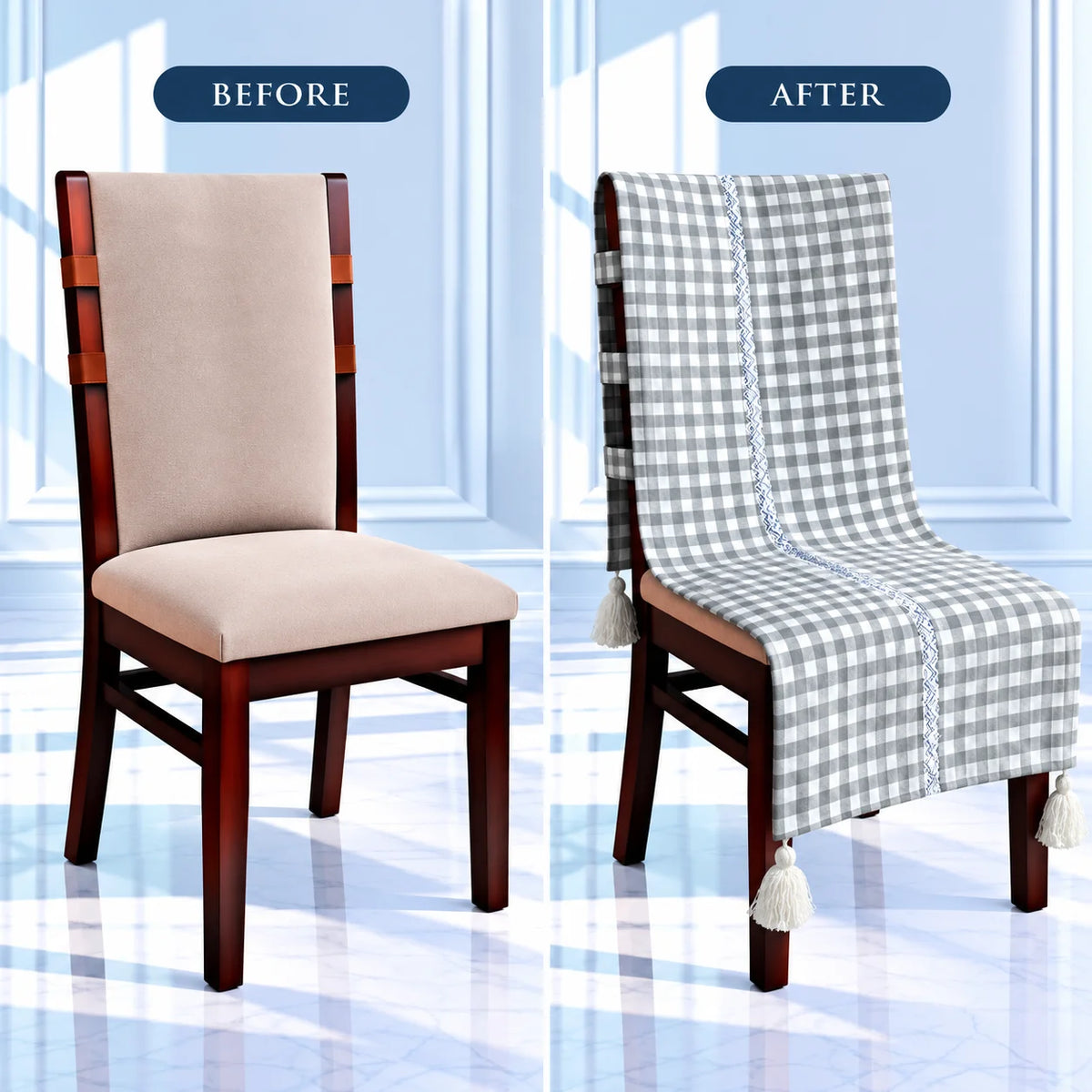 Checkered Grey White Chair Cover with Tassels