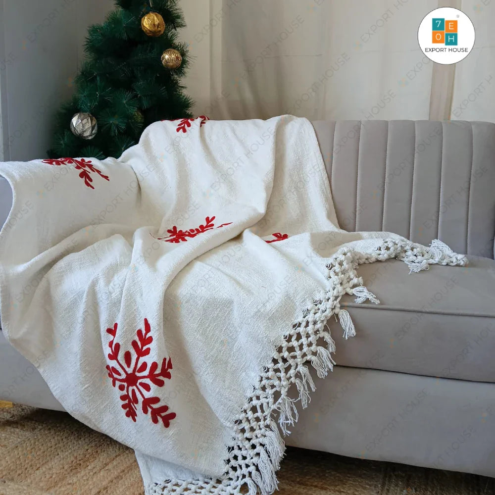 Christmas Themed Cotton Embroidered Sofa Throw Blanket, Size:127cm X 152cm (50" X 60")