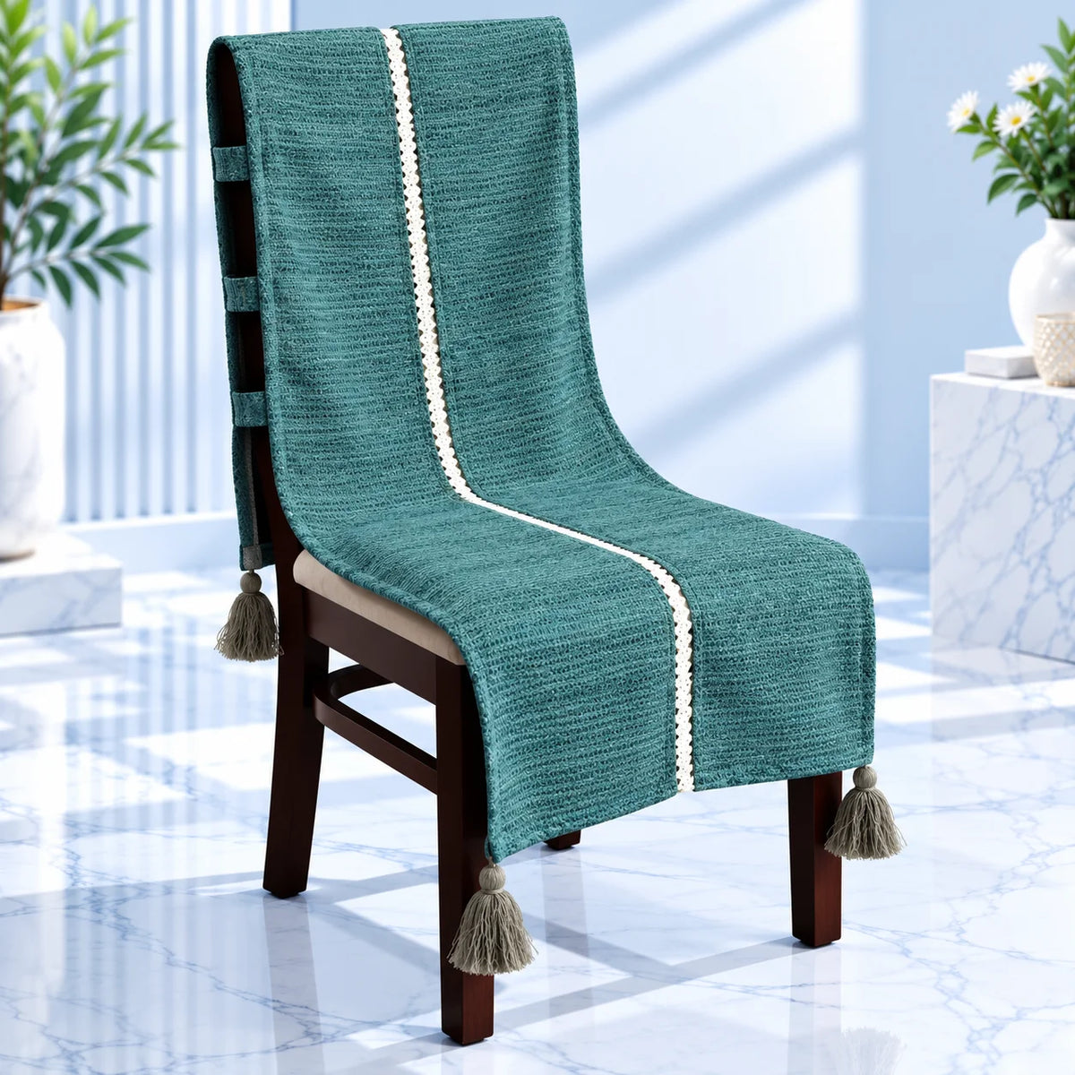 Jade Green Textured Chair Cover with White Lace &Tassels
