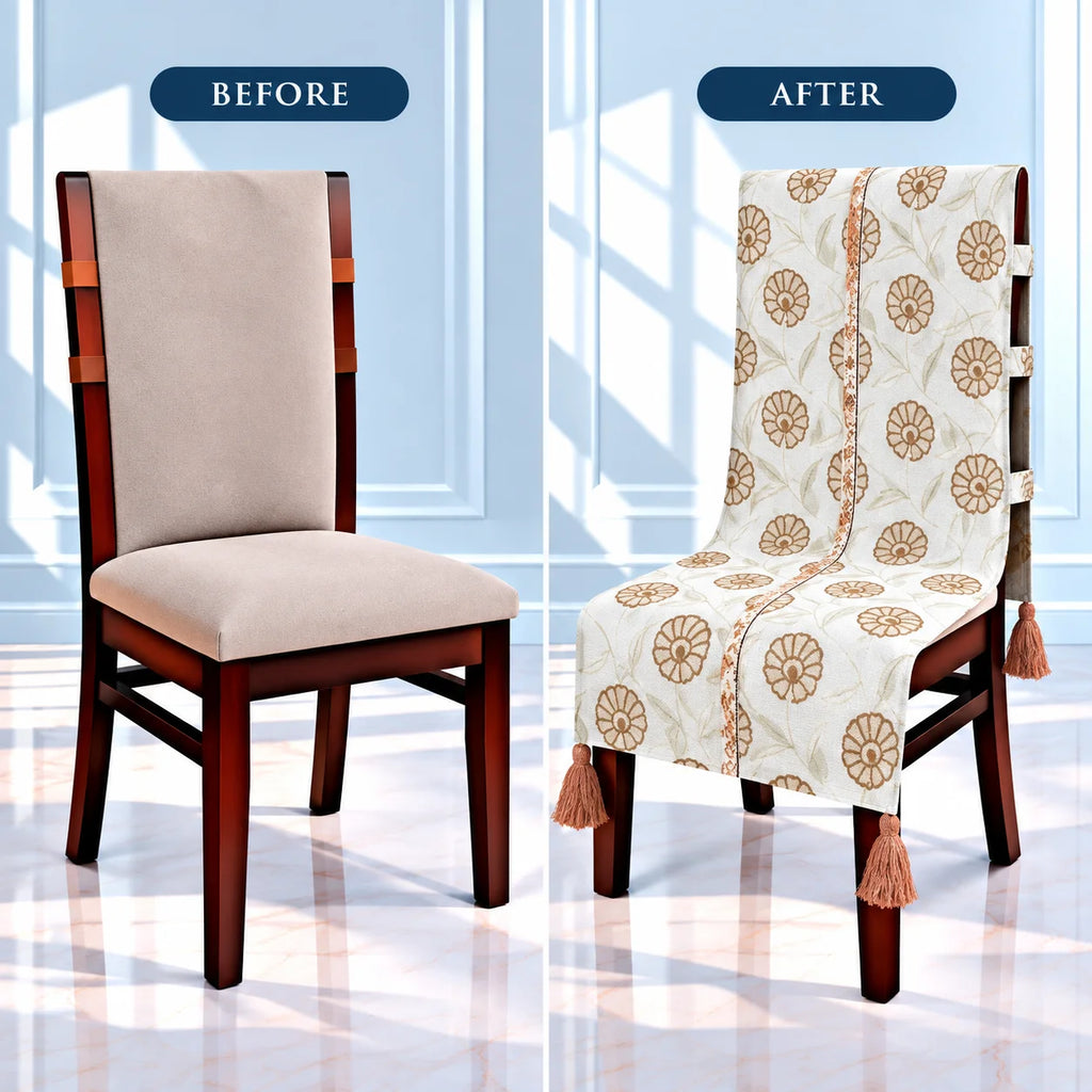 Caramel Floral Print Chair Cover with Tassels