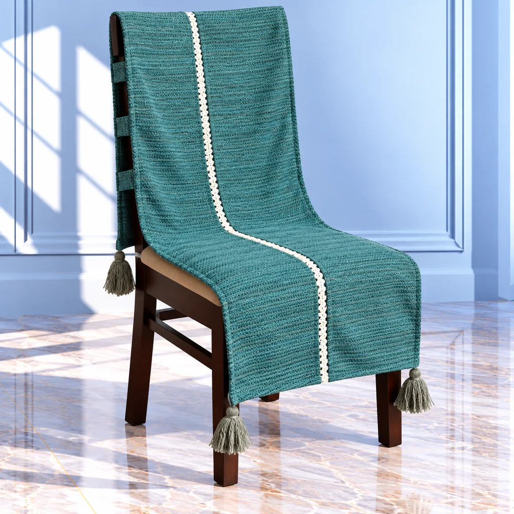 Jade Green Textured Chair Cover with White Lace &Tassels