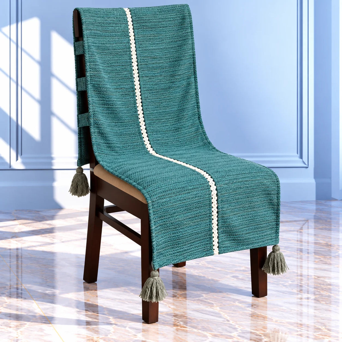 Jade Green Textured Chair Cover with White Lace &Tassels
